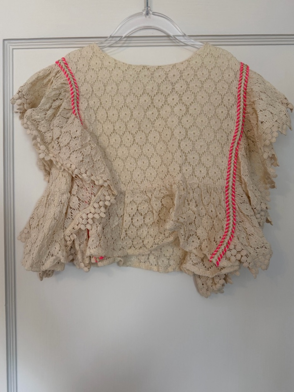 Girls Cream Lace Ruffle Top with Pink and Gold Trim